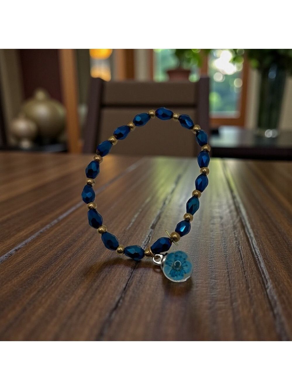 Blue & Gold Beaded Bracelet with Flower Charm